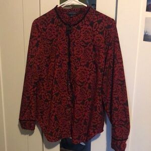 Tommy Hilfiger blouse faux velvet brocade roses ruffled neckline n cuffs M